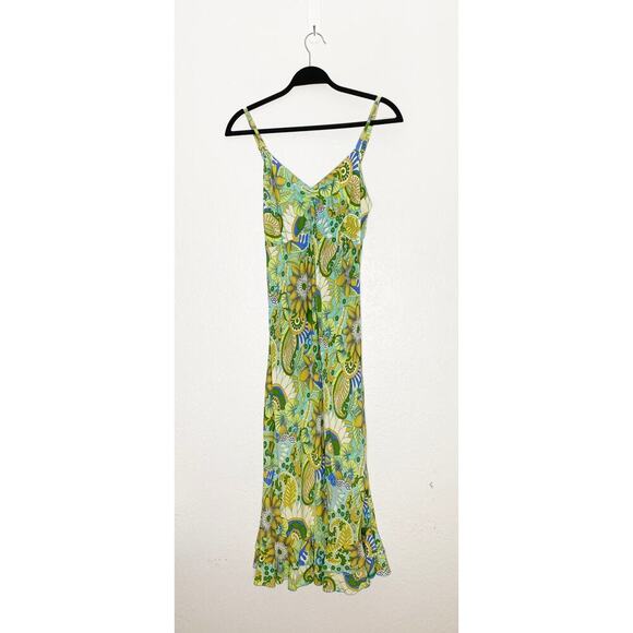 Rainbow Jo Women's Midi Sun Dress Green Floral Paisley Adjustable Straps Ruffle - Picture 1 of 8